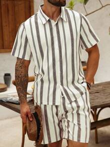 ResortEase Plus Size Men's Casual Striped Shirt And Shorts Set