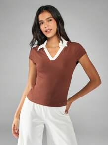 MISSGUIDED Retro Style Ribbed Knit Baby Tee Contrast Collar Short Sleeve Top Preppy Tennis Look V-Neck Fitted Y2K Fashion Basic Essential College Casual Daily Wear - Brown - View 5