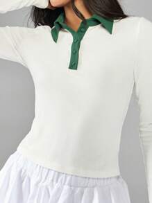 MISSGUIDED Retro Tennis Inspired Long Sleeve Polo Top With Contrast Collar Preppy Style Golf Loungewear Ribbed Fitted Stretch Knit Pullover - Multicolor - View 4