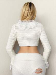 Sweetina Pulover casual scurt cu mânecă lungă, model patchwork, de culoare fildeș, cu guler și manșete din dantelă, pentru femei, toamnă/iarnă - alb - Vizualizare 2