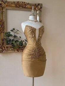 Lovelzi Bộ đồ bơi co giãn dệt kim sang trọng, thanh lịch và lộng lẫy với họa tiết đính cườm 3D tinh tế, đường xẻ tà gợi cảm, phù hợp cho đám cưới, tiệc độc thân, dạ hội, váy ngắn nữ (kiểu dáng cao cấp), ngày Valentine. - Màu Khaki - Xem 5