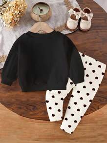 SHEIN 女婴蝴蝶结印花圆领卫衣和心形圆点印花针织打底裤套装，秋冬 - 彩色 - 查看 6