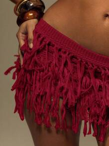 MUSERA 针织层叠毛边迷你毛衣裙，适合夏季、度假、节日、Y2K 伊比沙岛海滩假日狂欢冬季时尚 - 酒紅色 - 查看 5