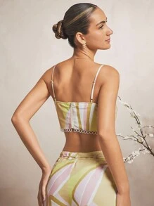 L'Amorae Women's Abstract Geo Print Scallop Lace Trim Cropped Spaghetti Strap Top Summer Vacation