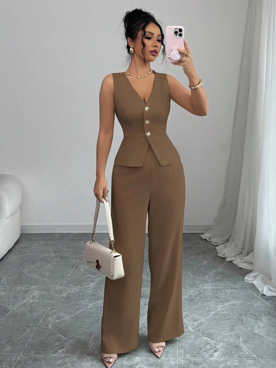 SHEIN Tall Women's Business Chic Sleeveless Blazer Vest & Pants Suit Set, Summer Commuting Old Money Style