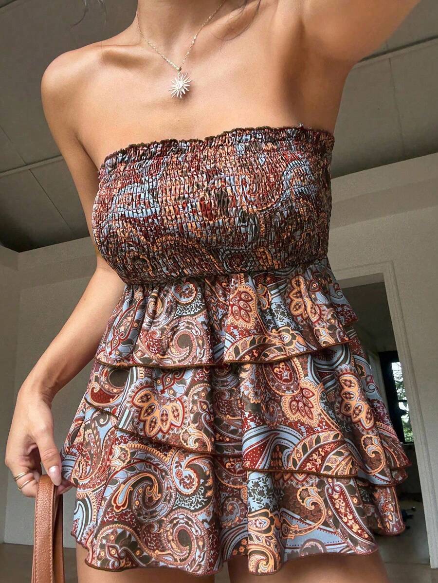 SHEIN Unity Top con volados y bandeau con estampado de paisley de color oscuro, casual de verano - Óxido marrón - Ver 1