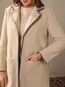 Wildy 秋季乡村风女士冬季商务休闲婚礼宾客中长款卡其色大衣，黑色撞色滚边，纯色简约长袖大衣，日常秋季女式长款外套，西部风格女装，外出办公休闲时尚秋季单品 - 駝色 - 查看 5