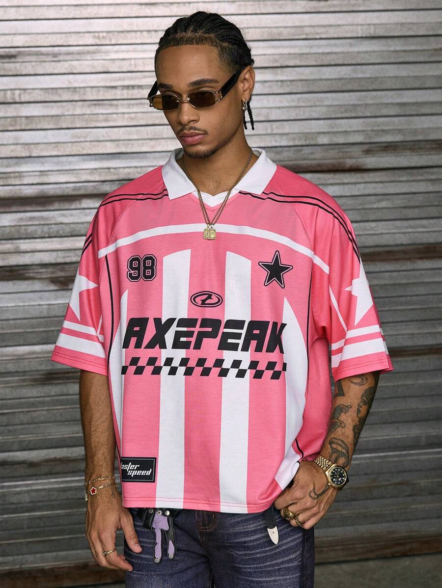 AXEPEAK 宽松印花 Polo 领短袖男士 Polo 衫，秋季，2000 年代风格 - 粉色 - 查看 1