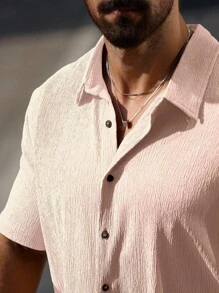 Manfinity Homme Plus Size Men's Solid Color Short Sleeve Shirt And Shorts Set - Baby Pink - View 3