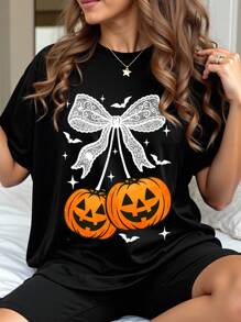 EMERY ROSE 大码夏季休闲万圣节南瓜印花圆领短袖T恤 - 黑色 - 查看 1