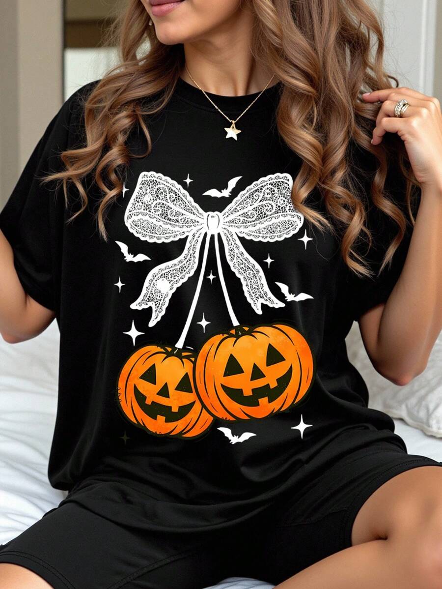 EMERY ROSE 大码夏季休闲万圣节南瓜印花圆领短袖T恤 - 黑色 - 查看 1