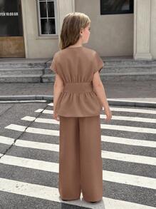 SHEIN Stylish Khaki Belted Pants And V-Neck Batwing Sleeve Blouse For Casual Wear Teen Girl Brown Set Tween Girl Wide Leg Pants And Peplum Top Two Piece Set, Back To School Clothes Girls