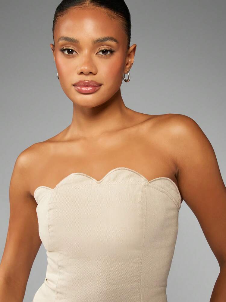 MISSGUIDED Denim Bandeau Crop Top Scalloped Edge Strapless Corset Style Casual Party Evening Wear Fashion Statement Piece