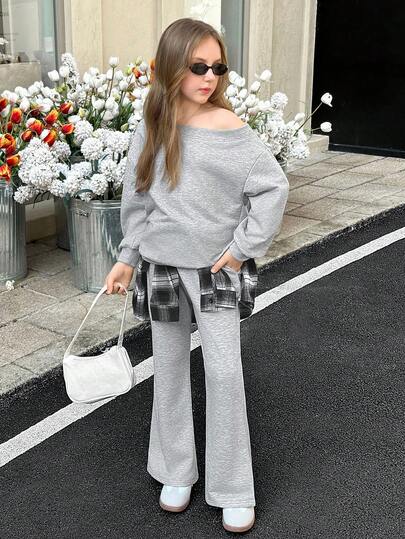 SHEIN Tween 女孩基本款纯灰色宽松不对称领口长袖运动衫和喇叭裤健身两件套，适合日常穿着和返校穿着