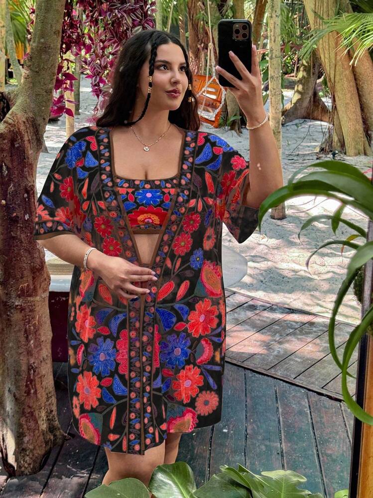 Swim Vcay Conjunto de tankini de 3 piezas con estampado floral para mujer talla grande, atuendo casual de playa de verano - Multicolor - Añade 4