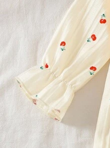 SHEIN 2件套女婴春/秋季樱花印花休闲时尚可爱连体衣+帽子套装 - 杏色 - 查看 4