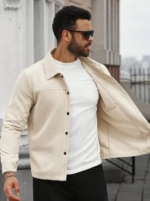 Manfinity Homme Plus Size Men's Long Sleeve Casual Versatile Corduroy Shacket , Fall Winter