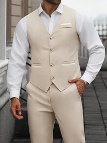 Manfinity Mode Men's Plus Size V-Neck Sleeveless Button Pull-Down Vest And Slim Fit Dress Pants Set - Apricot - View 4