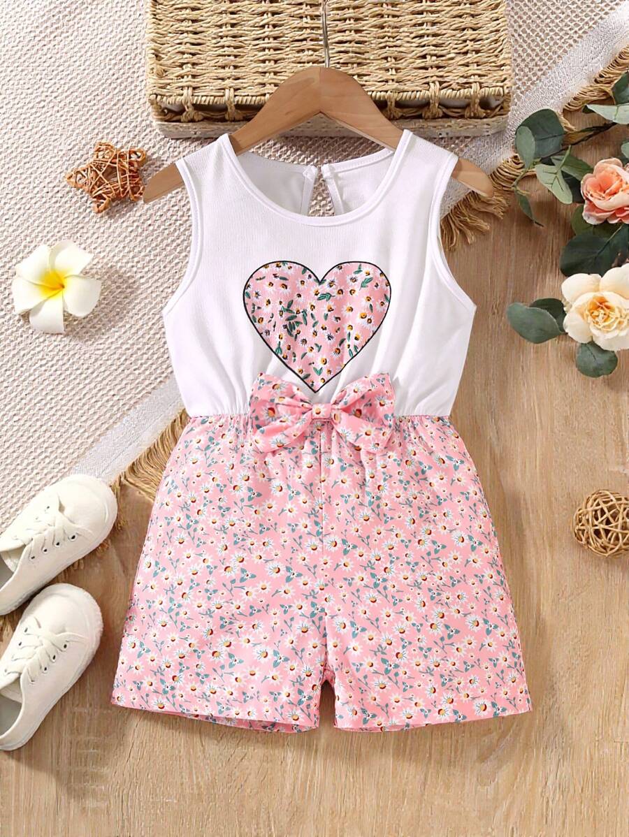 SHEIN Vintaside Kids Young Girl Ditsy Floral & Heart Print Belted Romper Summer Holiday - Multicolor - View 1