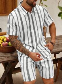 Manfinity Homme 大码男士休闲条纹衬衫和短裤套装 - 黑與白 - 查看 4