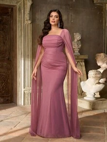 Aureia Plus Size Autumn And Winter Elegant Romantic Lotus Purple Swaying Collar Splicing Large Floating Piece Pleated Pleated Slim Fishtail Hem Suitable For Dinner Holiday Party Date Dance Wedding Event Bridesmaid Dress - Purple - View 8