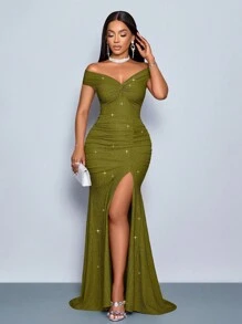 SOLERSUN 适合圣诞派对度假和约会优雅的勃艮第优雅扭曲露肩露背肩带高开叉美人鱼连衣裙，带有金属光泽的超长女士服装