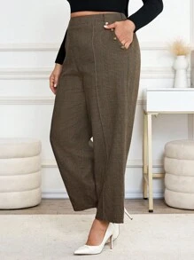 SHEIN Clasi Karomuster Lange Hose für Große Größen, Lässig/bürotauglich, gerades Bein - Kaffeebraun - Übersicht 4