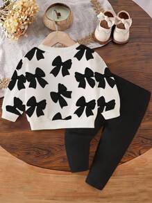 Baby Girls' Bow Print Crew Neck Sweatshirt And Black Knit Leggings Set, Autumn/Winter Outfit Fall - Multicolor - View 2