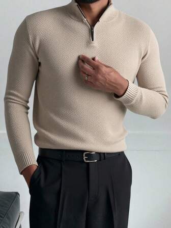 RueChic Men Textured Half Zipper Casual AW Regular Sweater