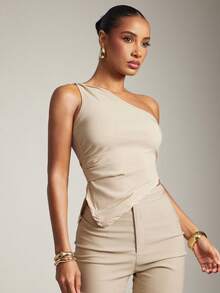 Hauture Old Money Sexy Business Casual One Shoulder Asymmetrical Hem Tank Top – Elegant Solid Color Twist Office Blouse, Chic Sleeveless Workwear,  Statement Shirt For Women