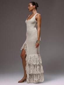 MUSERA 圆领针织流苏开衩长裙，性感夏季伊比沙岛度假可爱秋季派对夏季装扮优雅新娘单身派对婚礼长裙毕业舞会 - 米色 - 查看 3