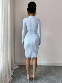 Elenzga Robe pull moulante pour femmes avec col côtelé, décoration de perles et taille ajustée - Bleu azur - Voir 2