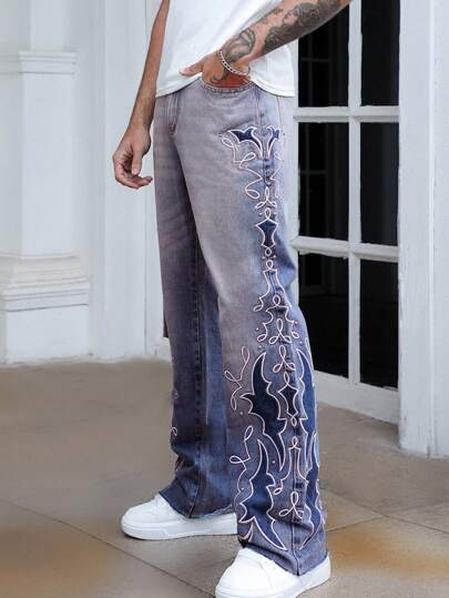 Street Life Jeans de mezclilla con parche bordado y decoración de remaches para hombres