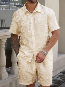 Manfinity Homme 2pcs/Set Plus Size Men's Solid Color Front Button Short Sleeve Shirt And Pocket Shorts Set - Apricot - View 3