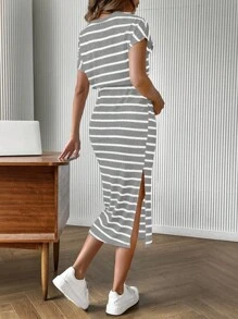 SHEIN 休闲条纹下摆H字形抽绳腰孕妇装 - 灰色 - 查看 2