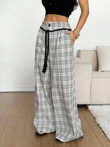 SHEIN EZwear 2025新款时尚女式休闲宽松格子阔腿基本款裤子外出教师女士返校节冬季秋季女士返校节2000年代风格街头服饰Y2K - 彩色 - 查看 5