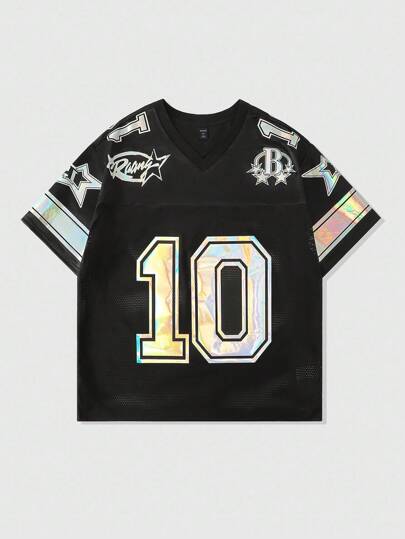 Prep Camiseta deportiva de manga corta con estampado láser y parches de malla para hombres, jersey atlético