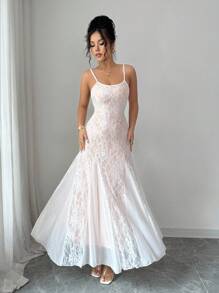 Rafferiza Elegant Women's Full Lace White Summer Dress,Fishtail Clashing Hem Design Wedding Guest Dress With Flesh Lining For Dining - White - View 3