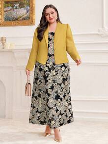 Modelyn Plus Size Notch Lapel Blazer And Paisley Print Cami Dress 2pcs/Set 2 Pieces Set - Yellow - View 3