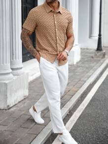 Manfinity Homme 男士大码休闲单排扣纹理短袖衬衫，夏季男士夏季衬衫，男士夏季衬衫 - 棕色 - 查看 4