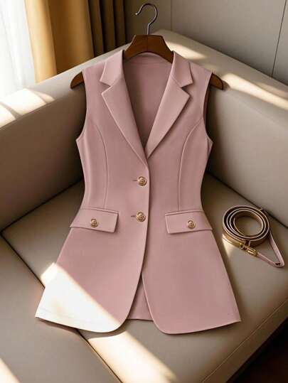 SHEIN CURVE+ Plus Size Mature Elegant Casual Fitted High-End Solid Color Faux Pocket Button Blazer