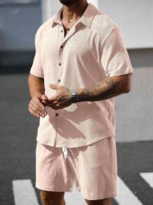 Manfinity Homme Plus Size Men's Solid Color Short Sleeve Shirt And Shorts Set - Baby Pink - View 7