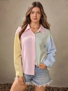 Wildy Fall Country Chic Women Clothes Pink Butter Yellow Blue Blouse Women's Casual Button Up Shirt Women Stripe Blouse Everyday Contrast Striped Zip-Up Long Sleeve Shirt Preppy Tops Business Casual Striped Blouse  Western Wear Women Stripe Shirt Back To School Fashion Christmas Clothes Button Down Blouses For Women - Pink - View 4