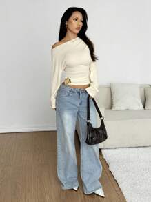 SHEIN EZwear Women's Asymmetrical Neck Long Sleeve Crop Top,Beige,Autumn,Seksi Chic,Night Out,Minimalist Solid Knit Fitted T-Shirt,Korean Fashion Tops - Beige - View 4
