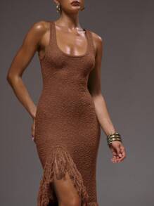 MUSERA Đầm maxi cổ tròn xẻ tà, tua rua, gợi cảm, thích hợp cho kỳ nghỉ hè ở Ibiza, du lịch dễ thương, mùa thu, tiệc tùng, trang phục mùa hè thanh lịch. - Màu nâu Sô-cô-la - Xem 2