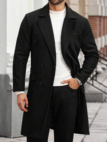 Manfinity CasualCool Men's Plus Size Solid Color Pocket And Button Front Long Sleeve Coat, Autumn Clothing