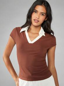 MISSGUIDED Retro Style Ribbed Knit Baby Tee Contrast Collar Short Sleeve Top Preppy Tennis Look V-Neck Fitted Y2K Fashion Basic Essential College Casual Daily Wear - Brown - View 1