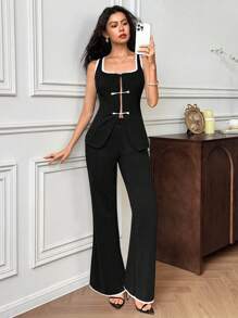 EastFlair 2pcs Women Contrast Trim Sleeveless Single-Breasted Top And Wide Leg Pants Set