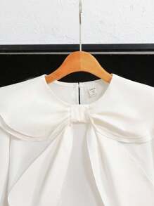 SHEIN 宽松休闲舒适荷叶边蝴蝶结衬衫，适合少女开学季穿着 - 白色 - 查看 4