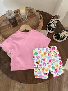 SHEIN Happikins 女婴休闲可爱印花圆领短袖T恤和打底裤套装，图案包括花朵、脸庞、彩虹、昆虫和蝴蝶，适合春夏女婴穿着。这款套装包含女婴夏季短袖套装、彩虹图案套装和夏季休闲套装。 - 彩色 - 查看 2
